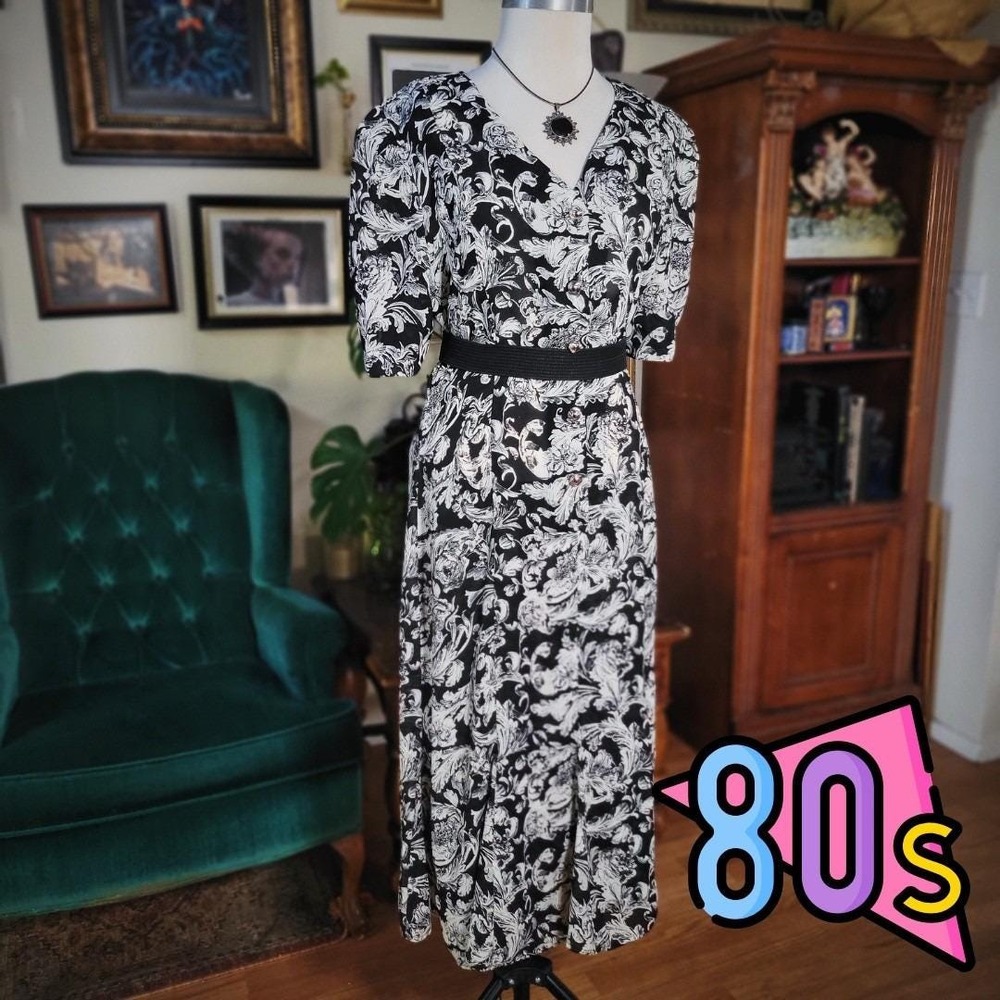 Vintage 80s Marnie‎ West Black White Floral Sheer Midi Dress Puff Sleeve Medium